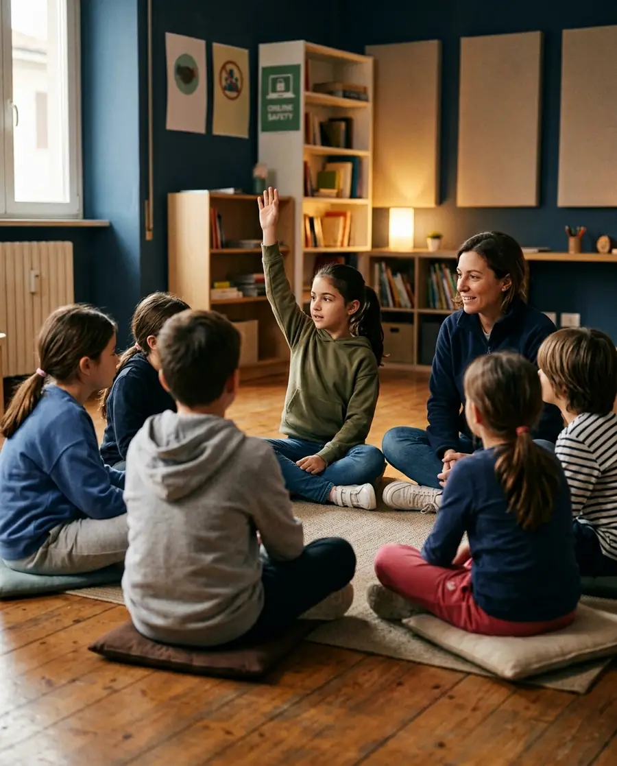 Bambini seduti in cerchio con un’istruttrice, una bambina alza la mano per intervenire